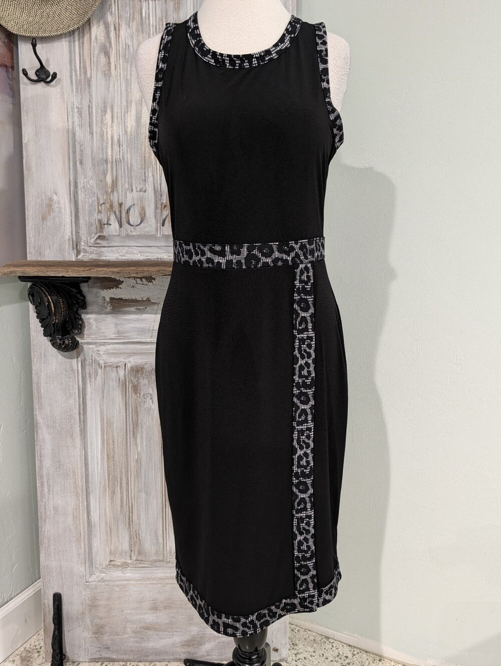 Michael Kors Black Sleeveless Sheath Dress with Gray Leopard-Print Trim